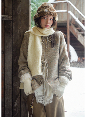 BLUEerror 全羊毛正反针系带圆领毛衣开衫女宽松保暖慵懒针织衫冬