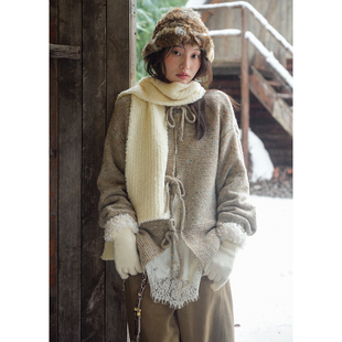 冬 女宽松保暖慵懒针织衫 BLUEerror 全羊毛正反针系带圆领毛衣开衫