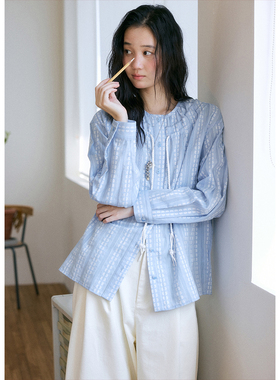 BLUEerror 花朵刺绣绑带双层花边圆领长袖衬衫女蓝色法式衬衣秋季