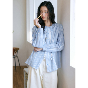 衬衣秋季 BLUEerror 女蓝色法式 衬衫 花朵刺绣绑带双层花边圆领长袖