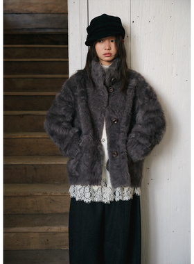 BLUEerror 立领毛绒保暖短款皮草女毛茸茸皮毛一体外套