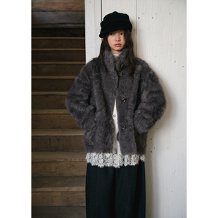 BLUEerror 立领毛绒加厚保暖短款皮草女毛茸茸皮毛一体外套冬季