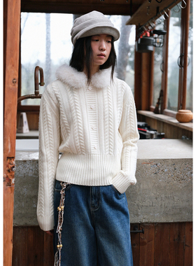 【01/04 00:00新品】可拆卸毛领绞花套头毛衣女全羊毛针织衫冬季