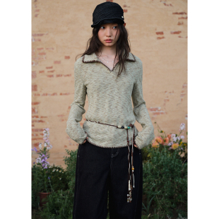 春季 BLUEerror t恤女编织工艺针织打底衫 显瘦翻领polo长袖 修身