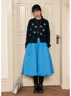 BLUEerror 高腰黑色夹棉加厚保暖半身裙女中长款a字伞裙冬季裙子