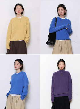BLUEerror 宽松慵懒风全羊毛圆领套头长袖针织衫女软糯毛衣春季