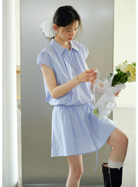 BLUEerror 显瘦翻领蓝色条纹短袖连衣裙女小飞袖绑带收腰短裙夏季