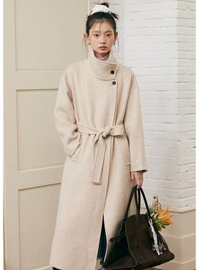 BLUEerror 全羊毛立领黑色双面呢大衣女宽松长款毛呢外套秋冬呢子