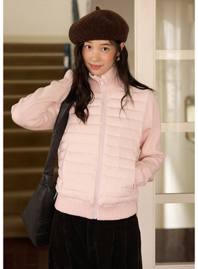 BLUEerror 针织拼接高领轻薄羽绒服女短款保暖内胆拉链排骨外套冬