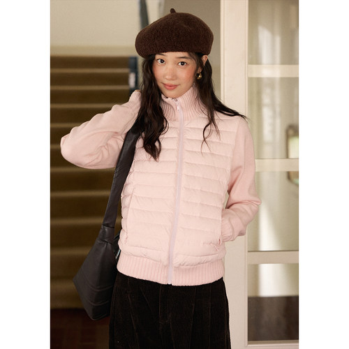 针织拼接高领修身轻薄羽绒服