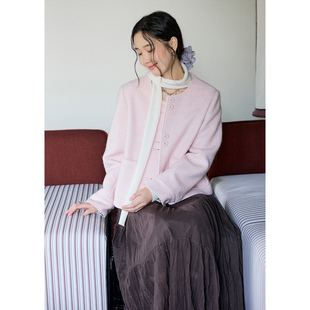 呢子冬季 BLUEerror 短款 口羊毛圆领粉色毛呢外套女宽松法式 翻边袖