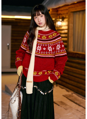BLUEerror 费尔岛提花慵懒羊驼毛圆领红色毛衣女针织衫保暖冬季