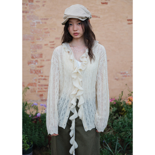 春季 女木耳边镂空罩衫 上衣 宽松可拆花边v领针织开衫 BLUEerror
