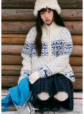 BLUEerror 雪花驼鹿提花费尔岛毛衣开衫女拉毛感慵懒拉链针织衫冬