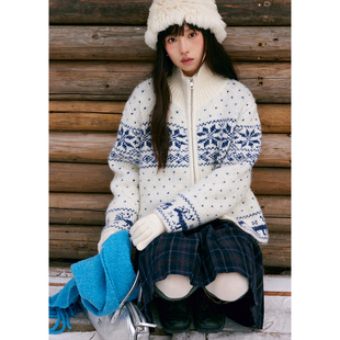 BLUEerror 雪花驼鹿提花费尔岛毛衣开衫女拉毛感慵懒拉链针织衫冬