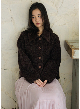 BLUEerror 圈圈羊毛翻领短款毛衣开衫女慵懒棕色针织毛绒外套冬季