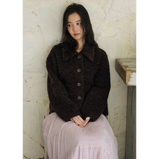 女慵懒棕色针织毛绒外套冬季 毛衣开衫 圈圈羊毛翻领短款 BLUEerror