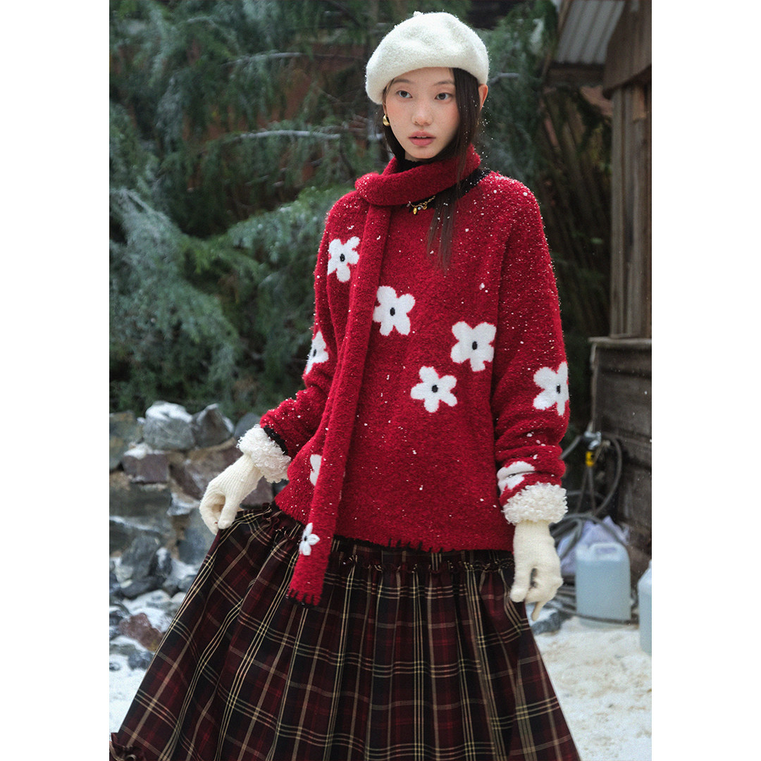 BLUEerror 圈圈纱围巾式花朵圆领套头毛衣女慵懒羊毛保暖针织衫冬,女装/女士精品,毛衣,淘宝优惠券,粉丝福利购,淘宝优惠卷