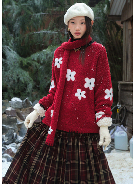 BLUEerror 圈圈纱围巾式花朵圆领套头毛衣女慵懒羊毛保暖针织衫冬