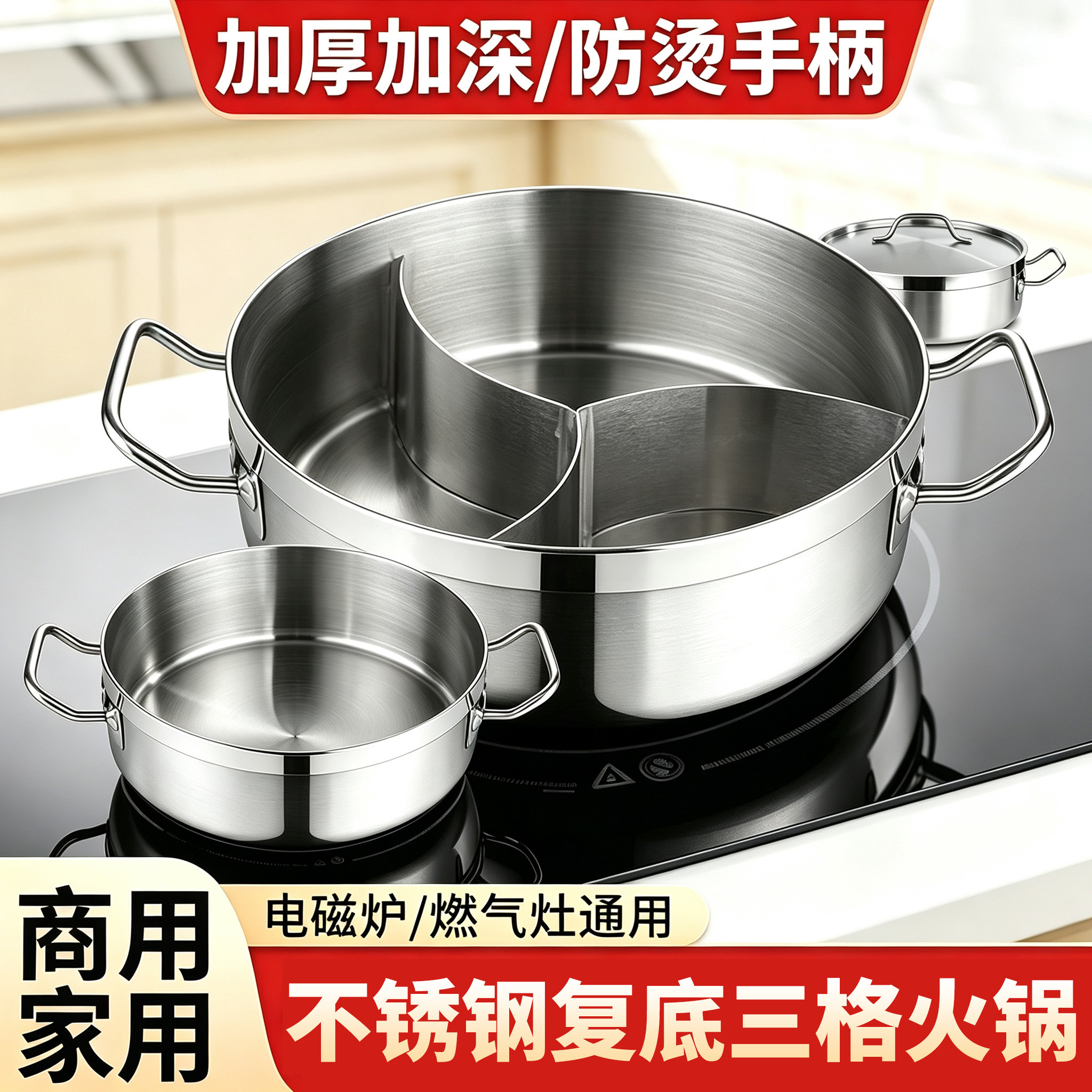 火锅鸳鸯锅火锅盆家用三格锅商用加厚款不锈钢复合底电磁炉燃气灶