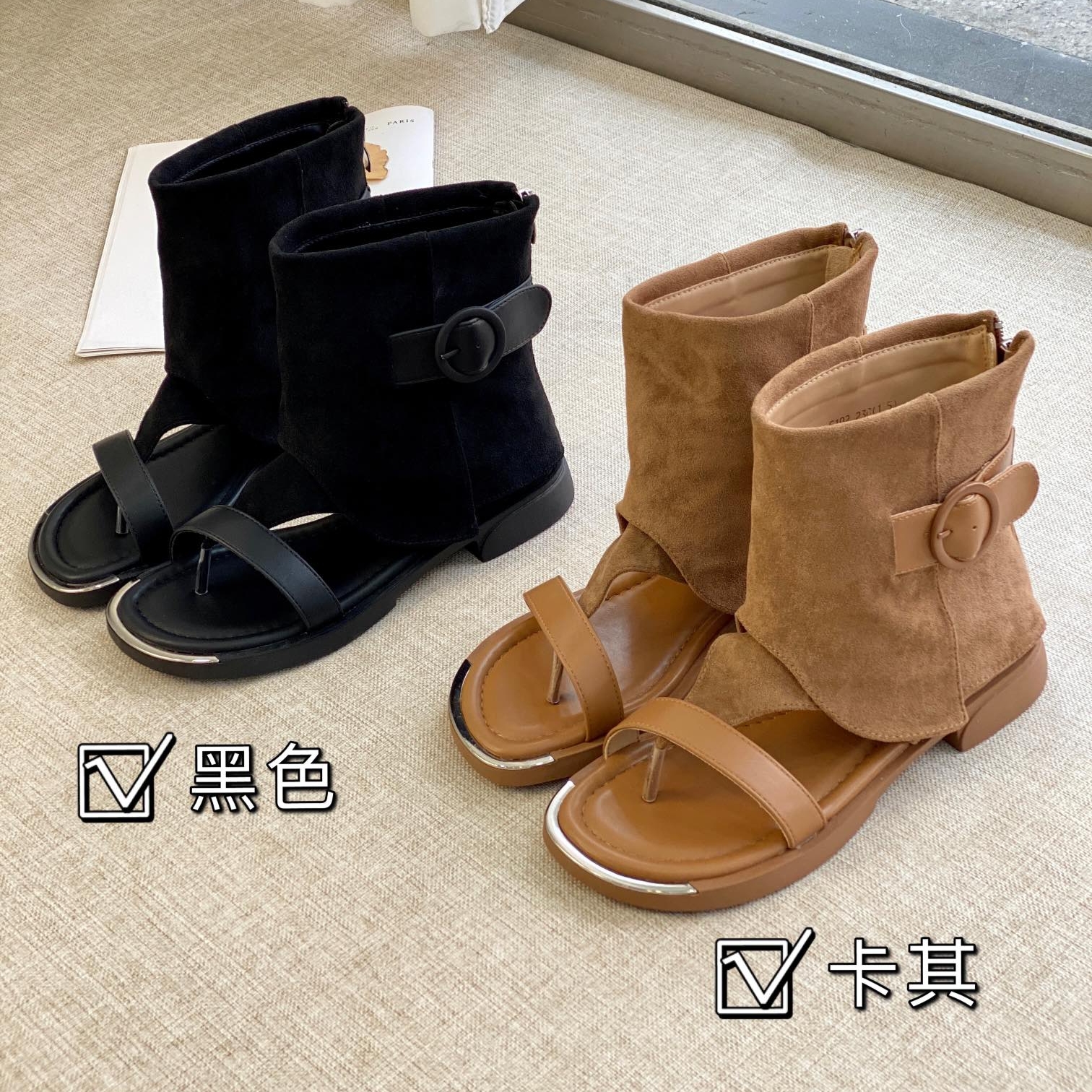 2025夏季新款绒面夹脚人字凉靴搭扣透气辣妹短靴女平底露趾凉鞋靴