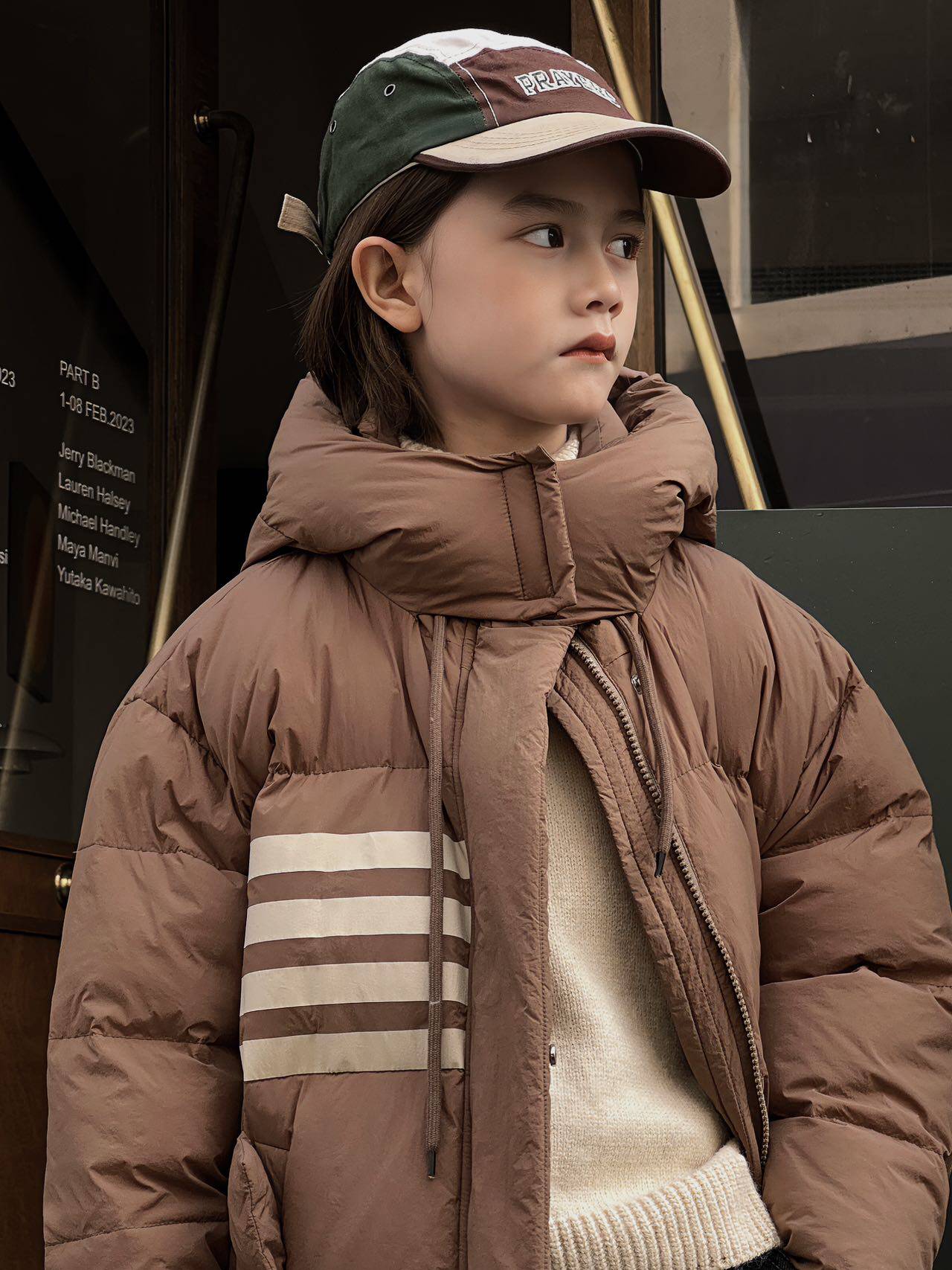 2025秋冬款韩版儿童印花四条杠中长款加长加厚连帽时尚百搭防寒服