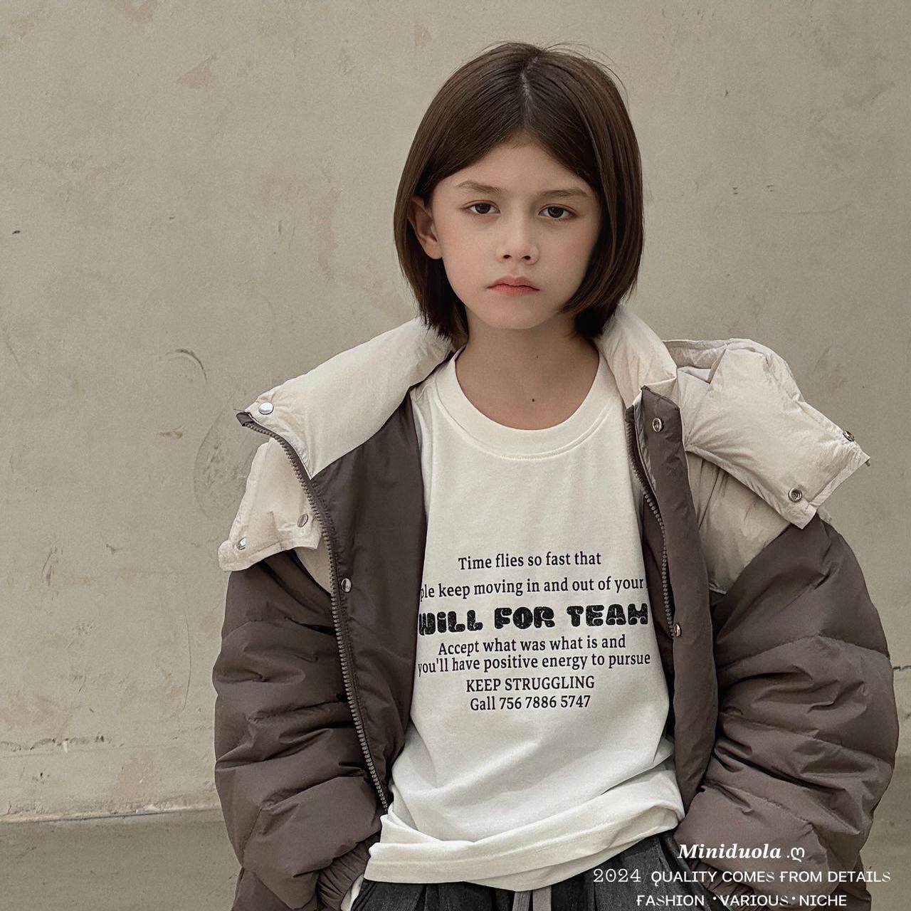 2025秋冬季新款时尚百搭韩版加厚双肩拼色连帽儿童绒丝防寒服