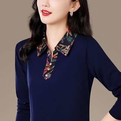 2026年新款时尚洋气宽松纯棉polo领长袖打底衣服气质中老年妈妈装