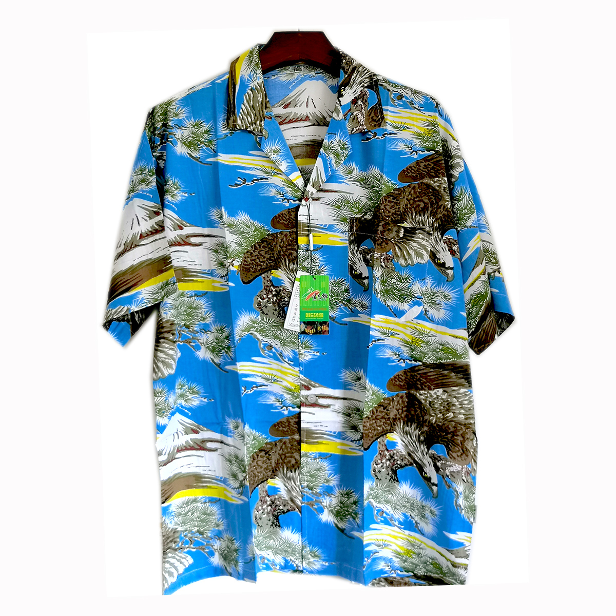 岛服男款绵绸布料沙滩服男衬衫花衬衫宽松蓝色款短袖旅游休闲印花