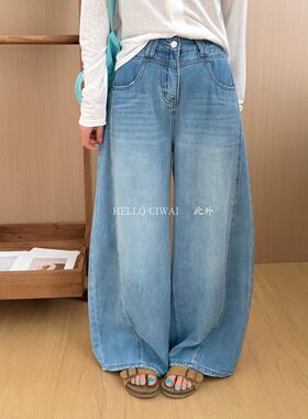 此外 高腰水洗蓝色牛仔裤女2026夏季新款宽松阔腿长裤拖地裤显瘦