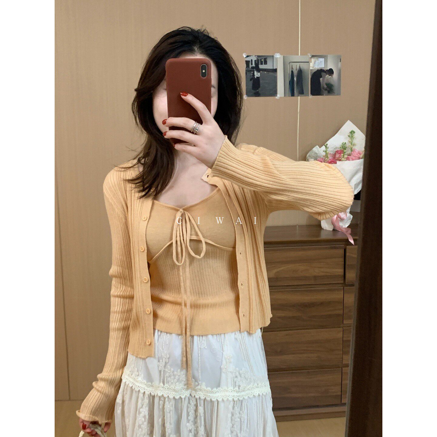 此外 韩系坑条系带性感淑女针织开衫女修身吊带两件套防晒外套