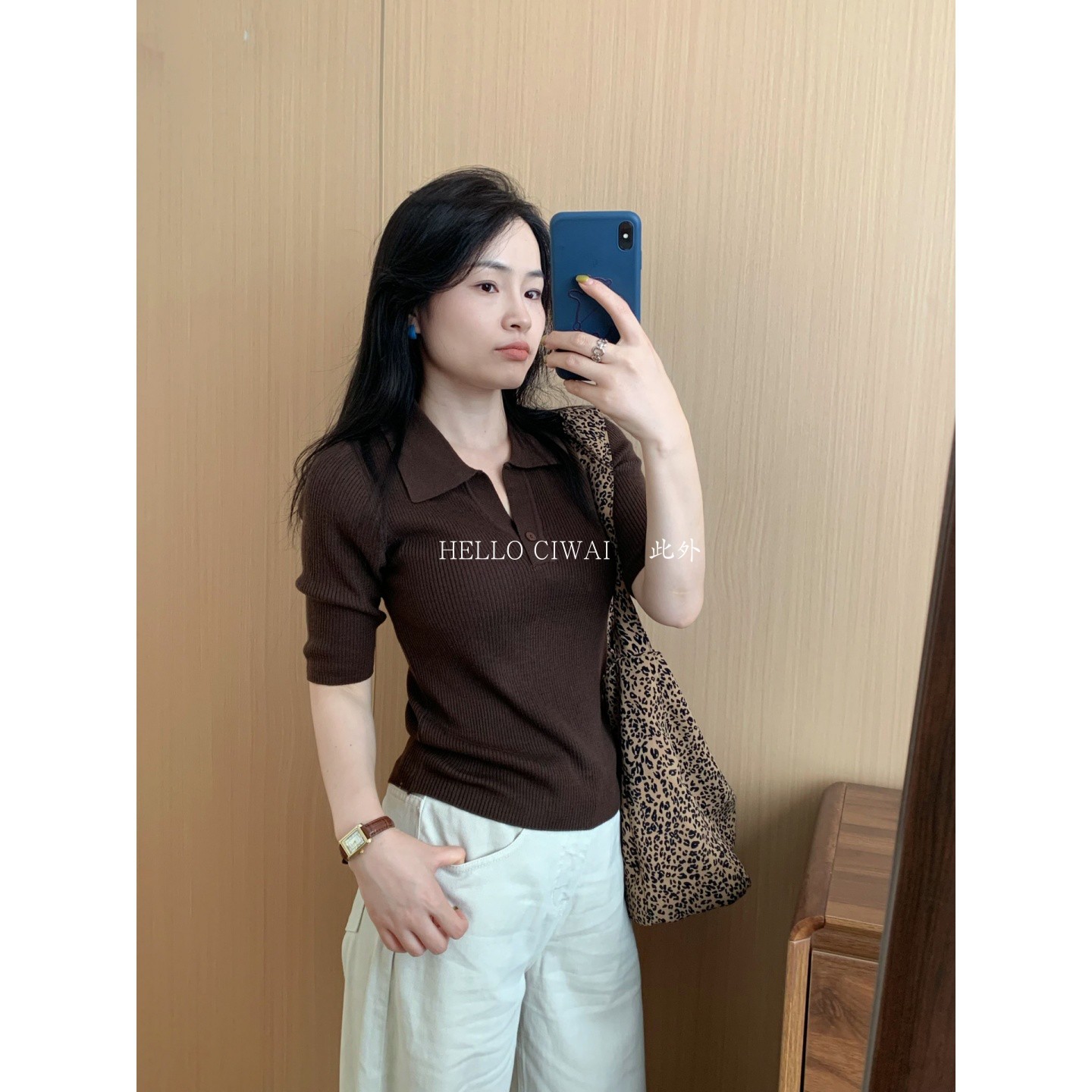 此外 一粒扣翻领修身短袖简约休闲女装修身型套头中袖上衣polo领图片