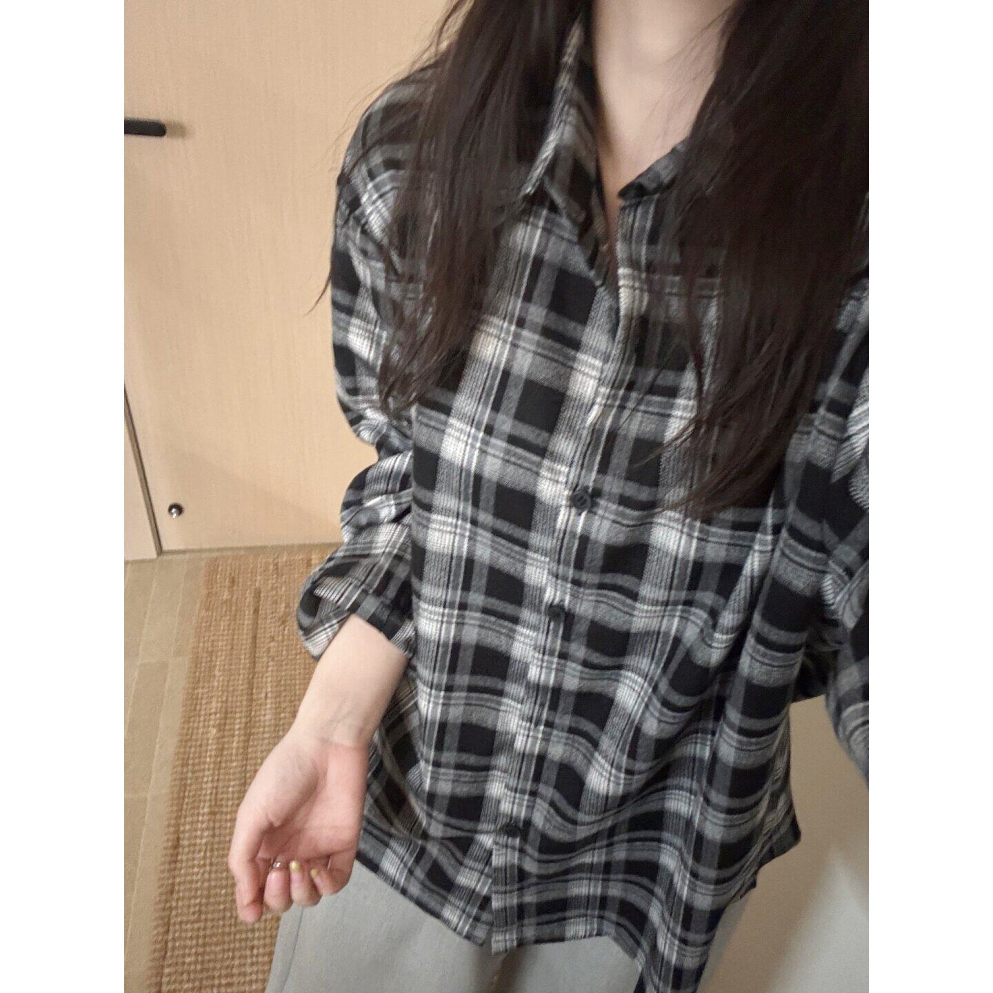 长袖中性风宽松翻领开衫格子衬衫休闲女装中长款外套格纹衬衫上衣