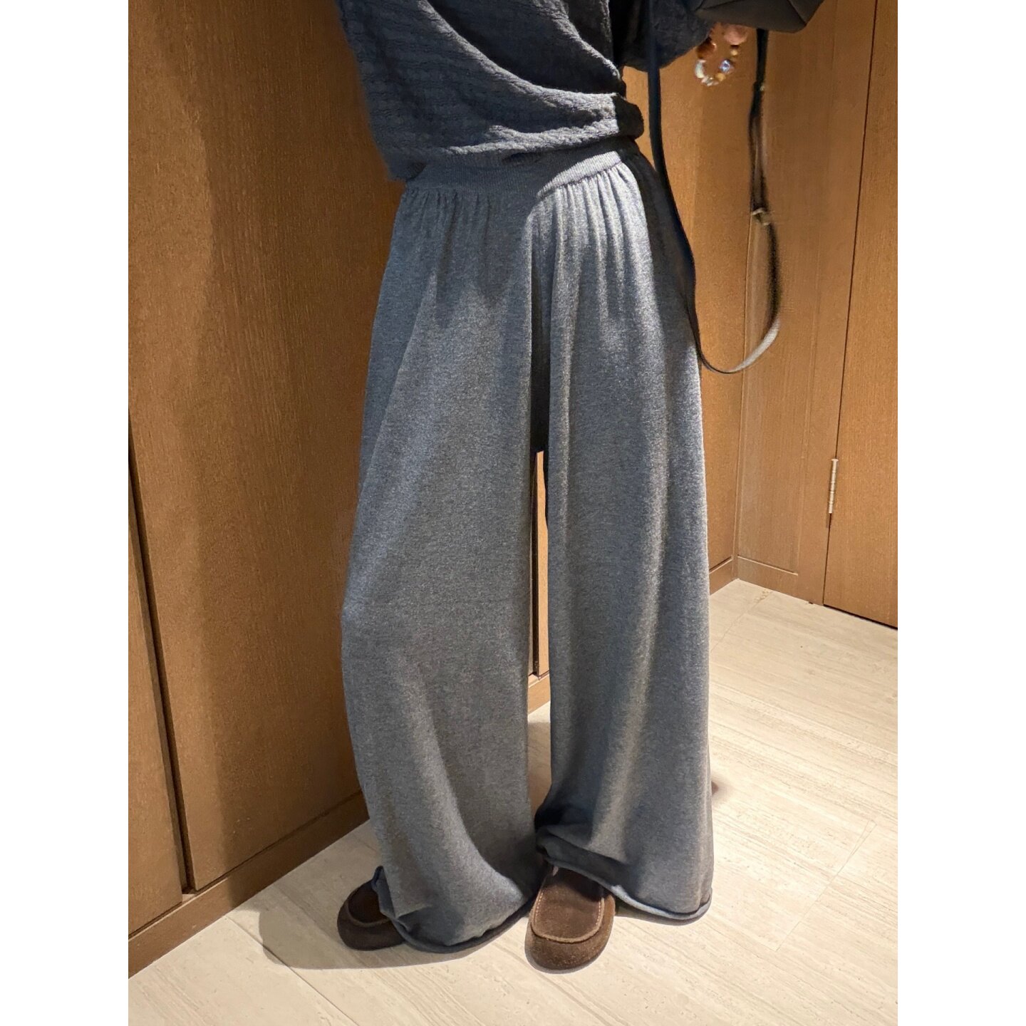 松紧腰卷边针织裤休闲均码宽松女士阔腿长裤女装高腰慵懒风显瘦图片