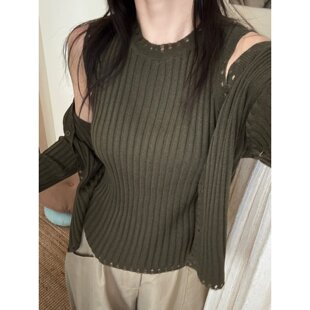 破边圆领无袖打底背心修身针织内搭杏色镂空纯色女款简约百搭款