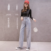 Quần jeans cạp cao có thể tháo rời 2019 đầu thu nữ phiên bản Hàn Quốc của quần lửng ống rộng giản dị ya ya mới - Quần jean