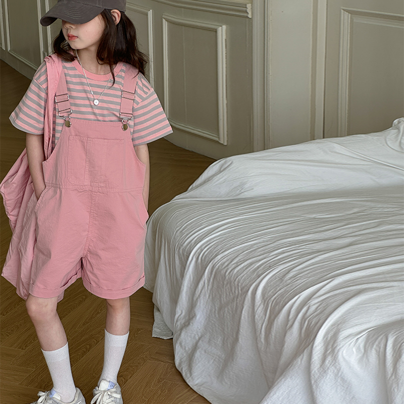 女童夏装背带裤套装2025新款时髦儿童夏季短袖裤子女大童休闲衣服