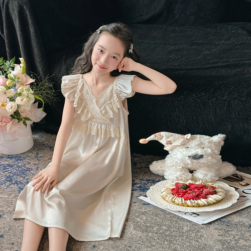 蕾丝边女童睡裙儿童睡衣裙子凉感