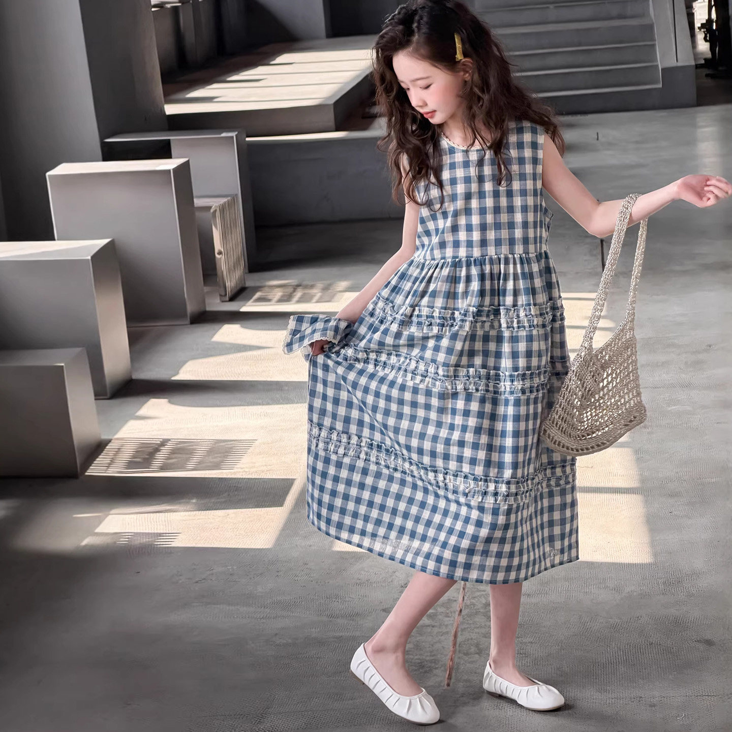 花边女童格子连衣裙儿童无袖背心裙2026夏装新款洋气夏季女孩裙子