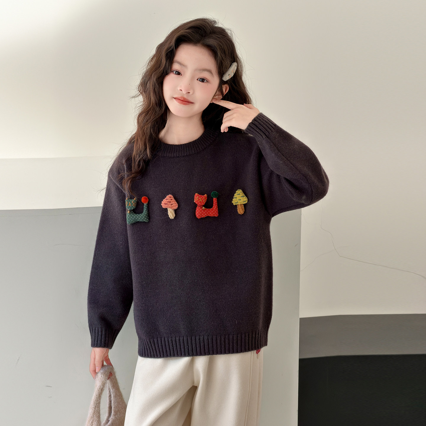 果儿kids韩系女童毛衣厚款儿童冬季套头针织衫2025新款大童圆领衫