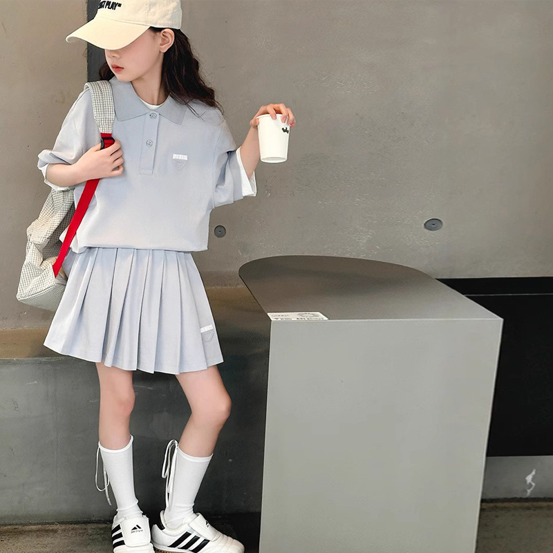 韩国女童夏装运动套装2025新款儿童短袖polo衫半身裙大童夏季衣服