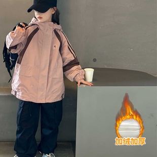 韩国童装女童加绒外套儿童加厚冲锋衣秋冬装2025新款大童风衣洋气