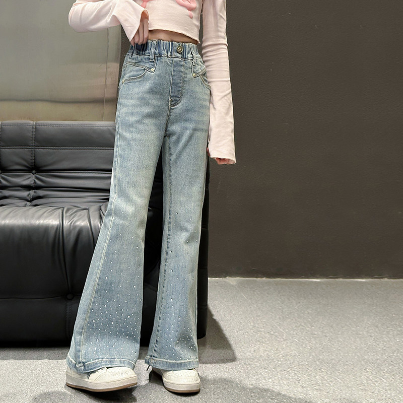 果儿kids烫钻女童喇叭裤儿童弹力牛仔裤2026春秋新款大童女孩裤子