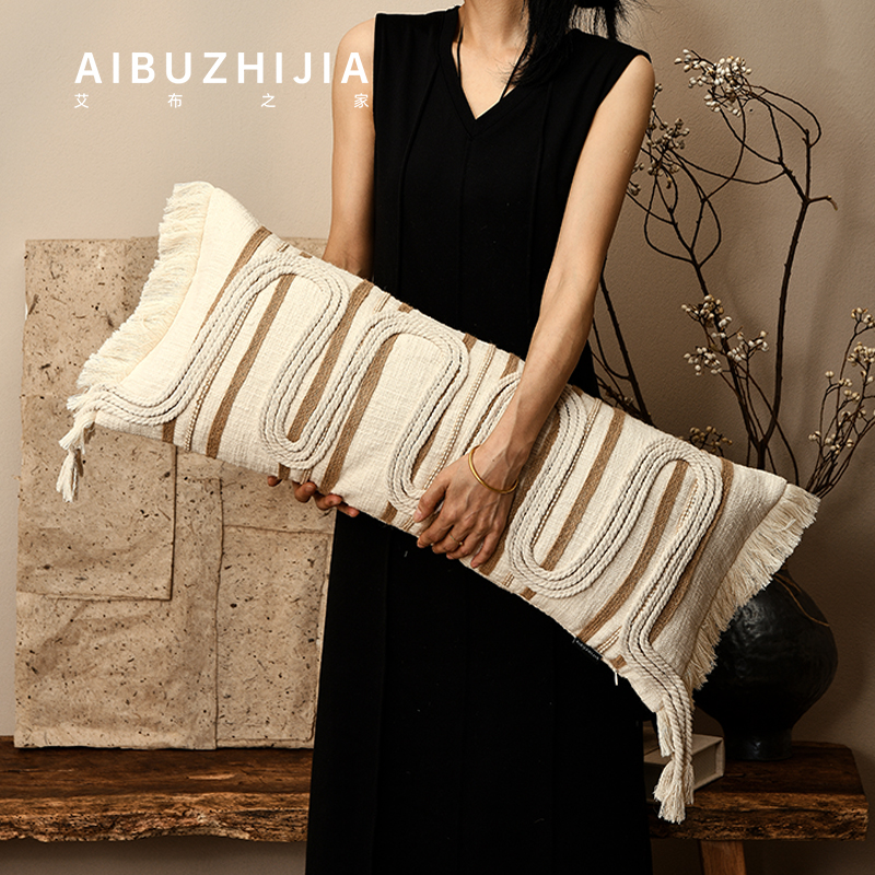 侘寂风米白色绕圈麻绳抱枕民宿高档酒店长条客厅沙发抱枕腰枕靠垫