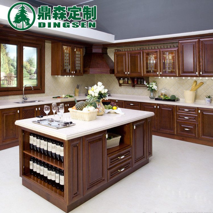 美国红橡木实木整体橱柜定做石英石台面厨房灶台橱柜装修全屋定制