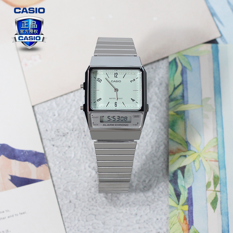 卡西欧手表男女新款小方表学生双显复古银色钢带考试时尚AQ-800