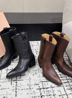 真皮复古骑士靴女2025新款西部复古短筒牛仔靴尖头中筒马丁靴百搭