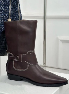 秋冬新款真皮小方头短筒牛仔靴女韩版百搭显瘦套筒皮带扣套筒短靴