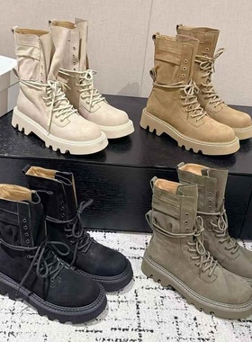 骑士靴秋冬新款真皮系带时尚马丁靴女女英伦风厚底休闲中筒机车靴