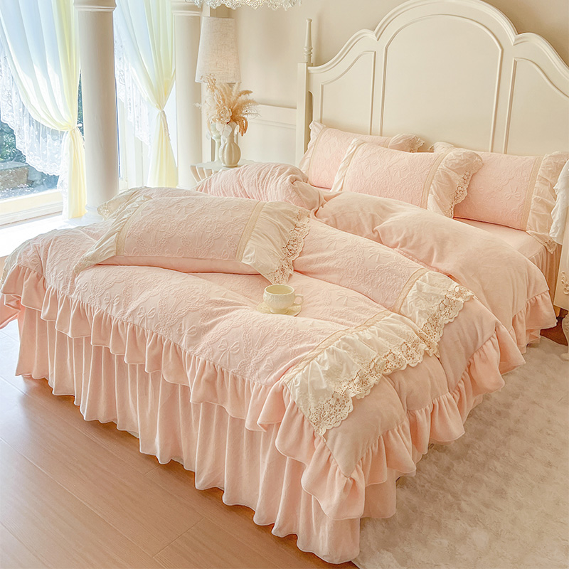韩版公主风雕花牛奶绒床裙四件套秋冬保暖加厚防滑床罩加绒被套罩